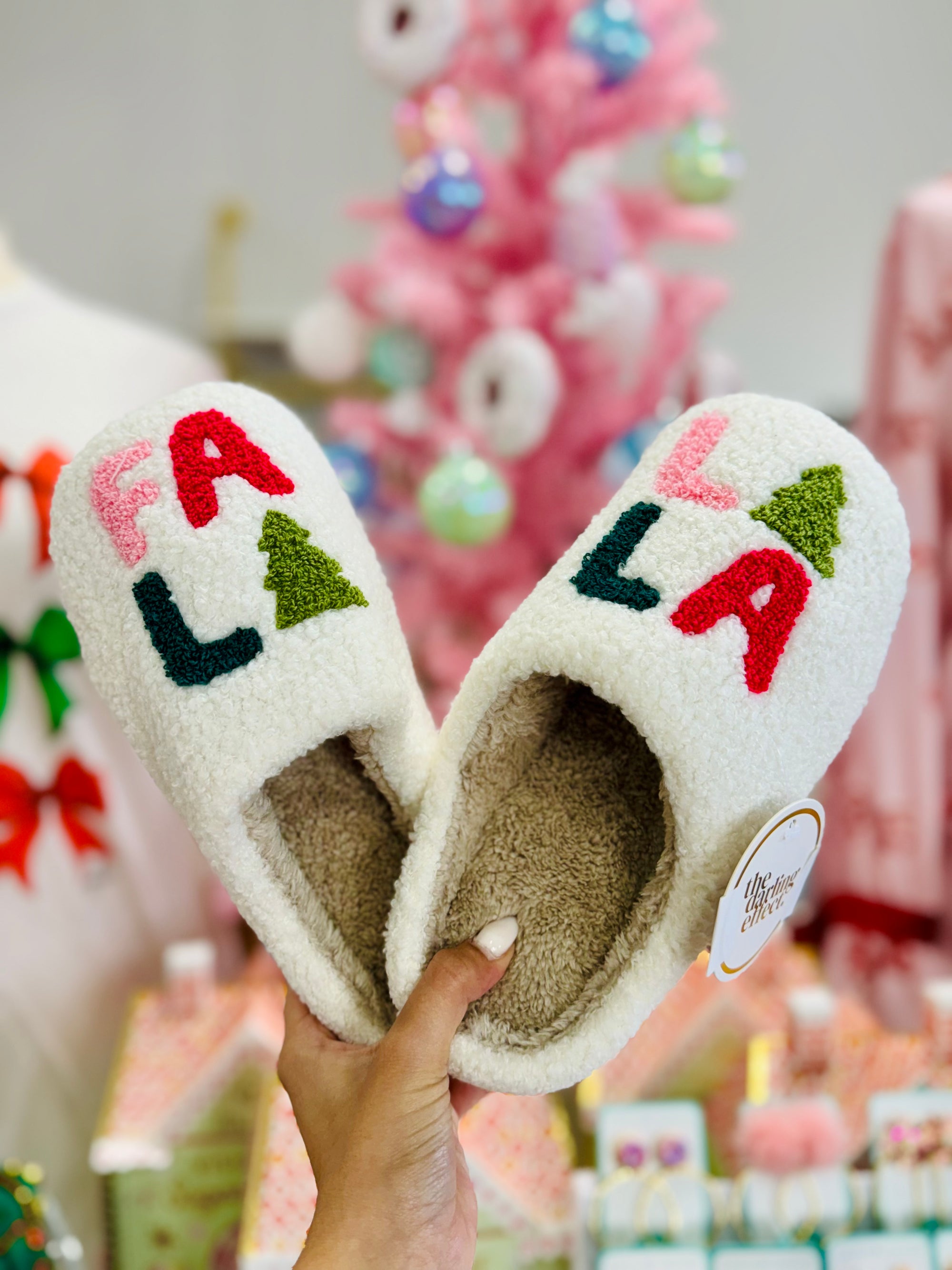 Fuzzy Holiday Slippers - Fa La La