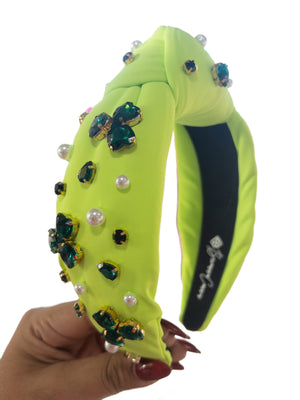 ADULT SIZE LIME GREEN HEADBAND WITH CRYSTAL SHAMROCKS AND PEARLS BRIANNA CANNON