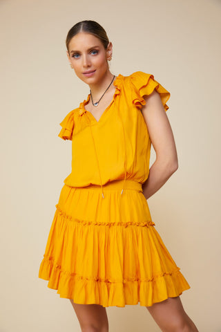 SATIN MARIGOLD RUFFLE DRESS