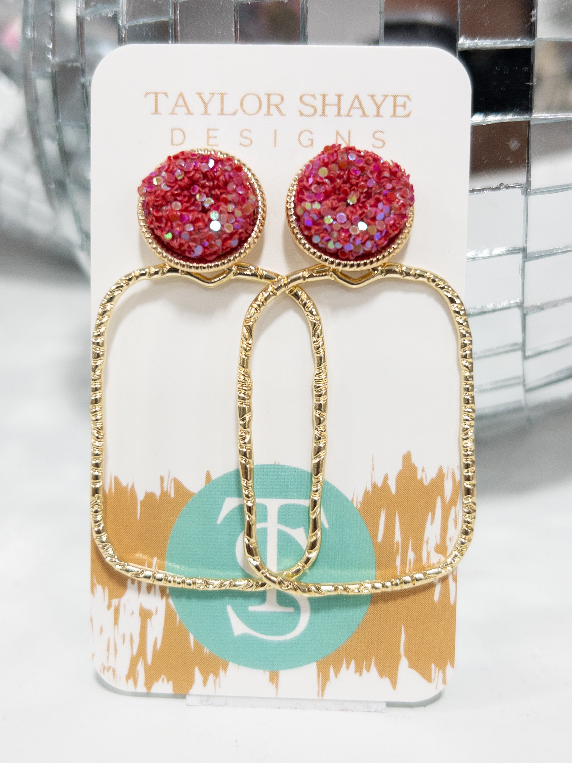 Cherry Red Spring Glitter Top Hoops Rectangle