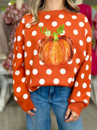 QUEEN OF SPARKLES ORANGE POLKADOT PUMPKIN SWEATER