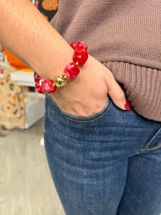 Stretch Bracelet with Gold Statement Bead - RED BROWN