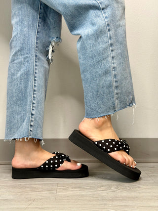 YOU GO GIRL CORKY BLACK WHITE POLKA DOT SANDALS