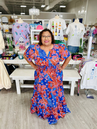BECCA BLUE FLORAL PALMER MAXI DRESS