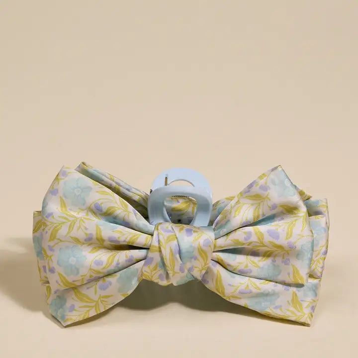 Poppin' Petals Aqua- Satin Bow Claw Clip