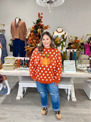 QUEEN OF SPARKLES ORANGE POLKADOT PUMPKIN SWEATER