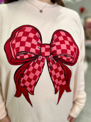 WAFFLE KNIT BOW SWEATER
