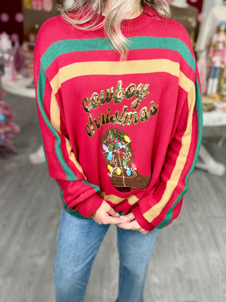 Queen OF Sparkles Red, Green & Tan Striped 'Cowboy Christmas' Sweater
