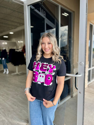 Hey Boo in Pink Metallic Puff Tee