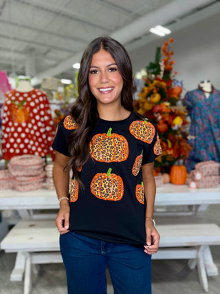 QUEEN OF SPARKLES BLACK LEOPARD PUMPKIN TEE