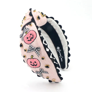 Adult Size Pink Cross-Stitch Halloween Headband with Embroidered Pumpkins
