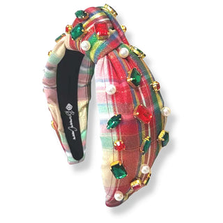 ADULT SIZE METALLIC WHITE TARTAN PLAID HEADBAND WITH CRYSTALS