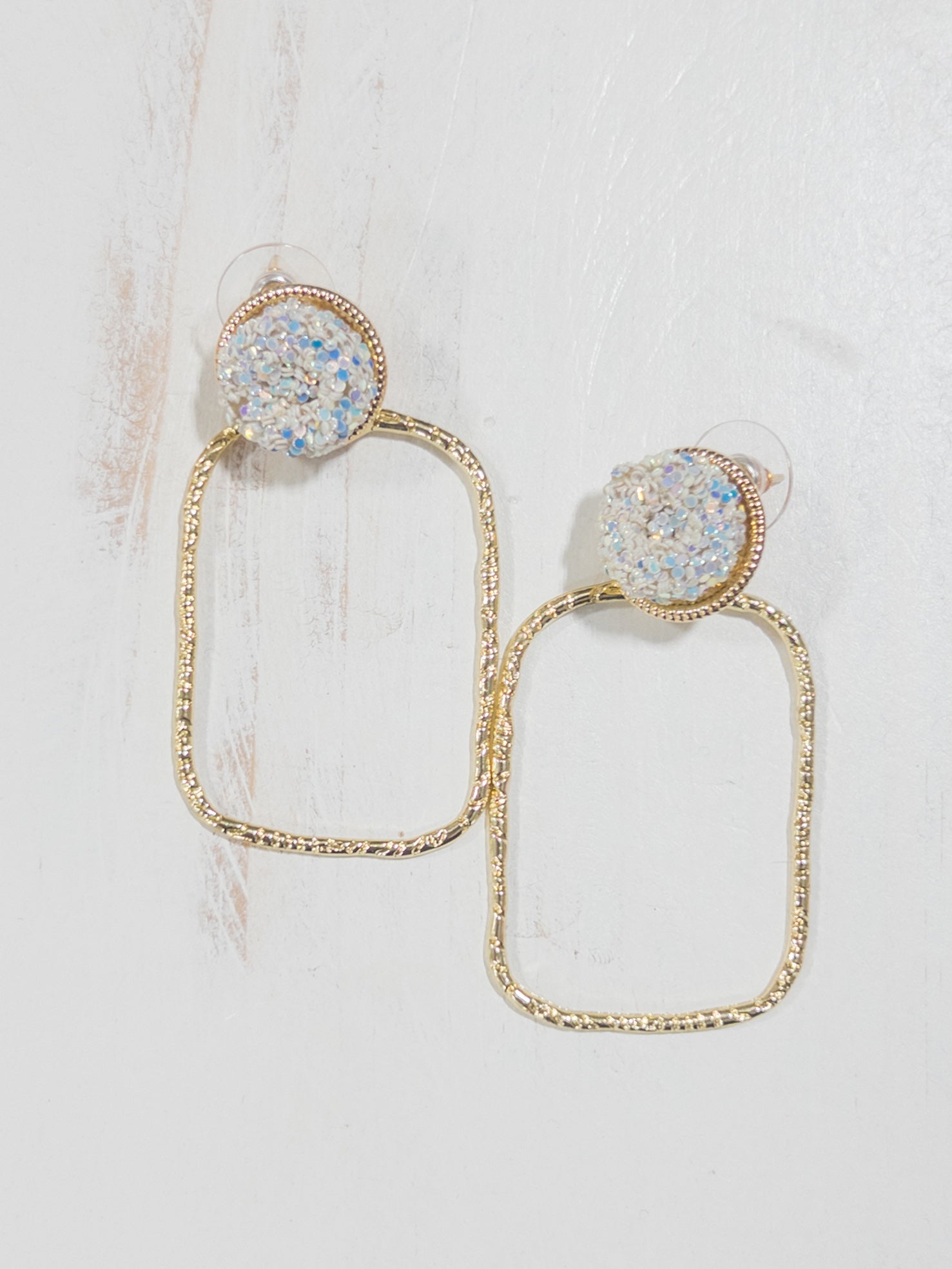 Glitter Top Hoops- off white rectangle earrings