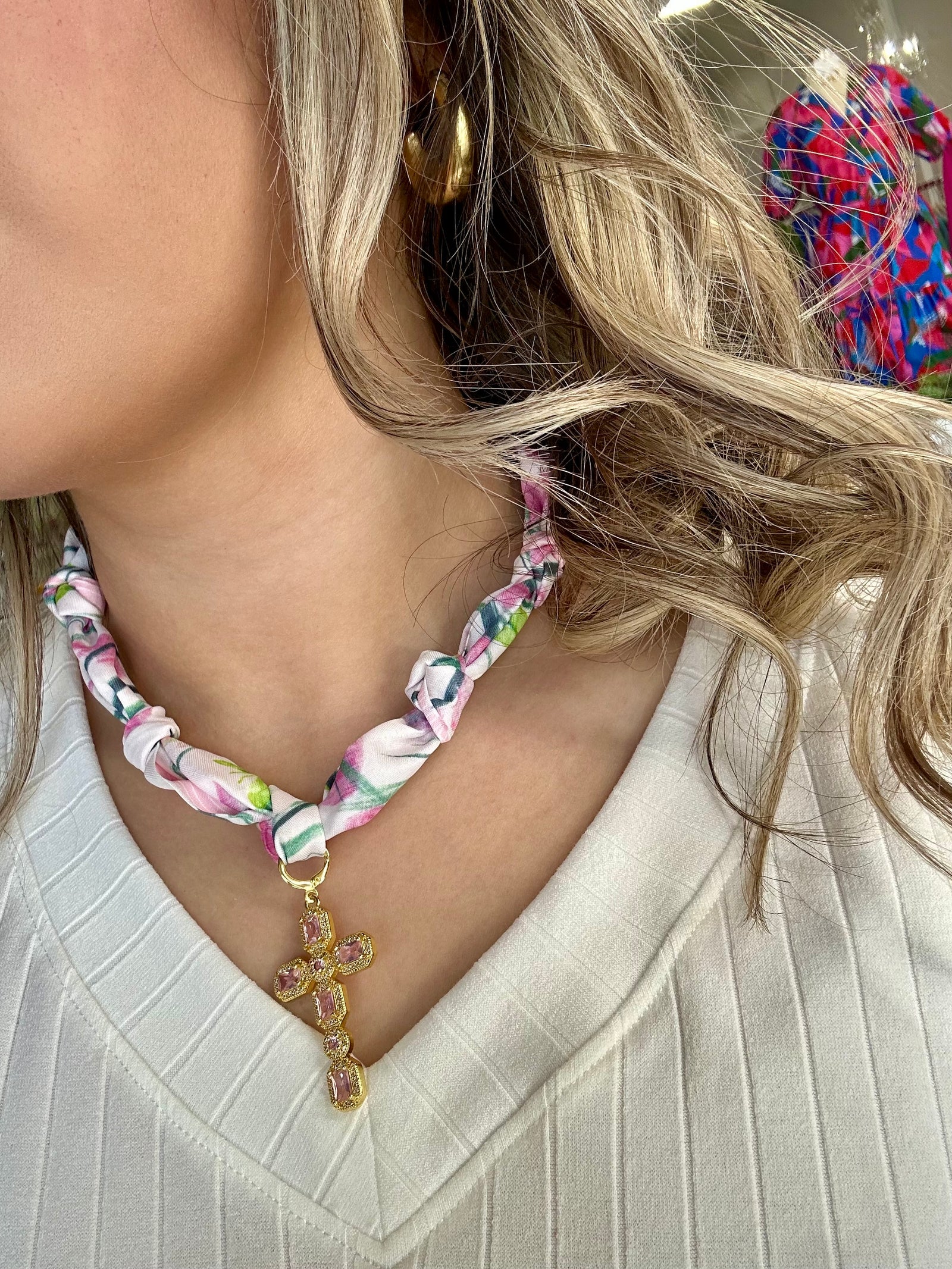 GOLD CROSS WITH PINK STONES W/ SCARF