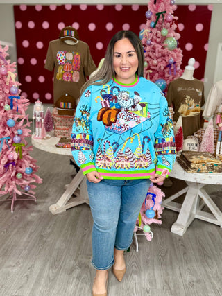 Queen of Sparkles - Aqua Vintage Santa Gingerbread House Sweatshirt