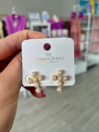 SERENITY PEARL CROSS STUD EARRINGS