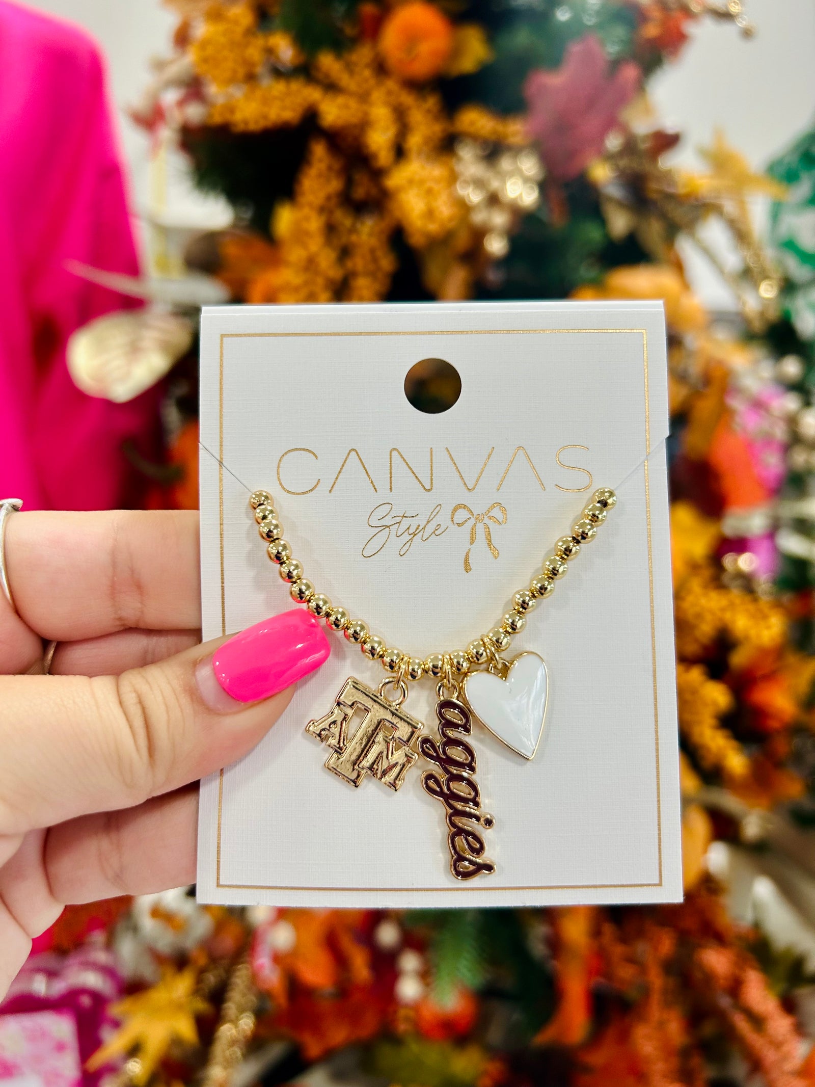 Texas A&M Aggies Ball Bead Charm Necklace in Shiny Gold