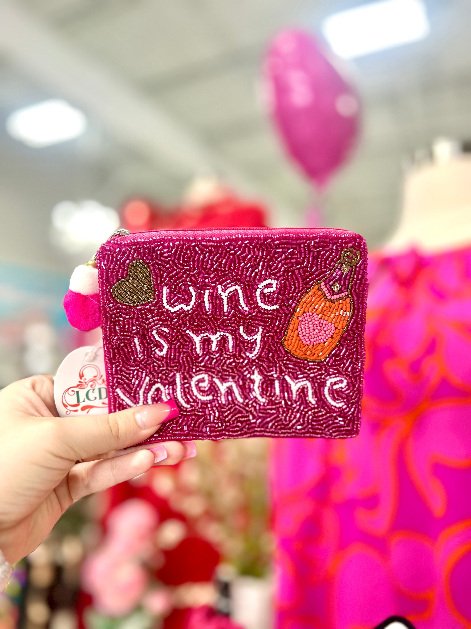 WINE IS MY VALENTINE BEADED POUCH