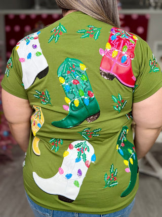 Queen of Sparkles Green Multi Christmas Cowboy Boots Tee
