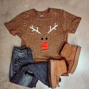 LEOPARD REINDEER GLITTER NOSE TEE