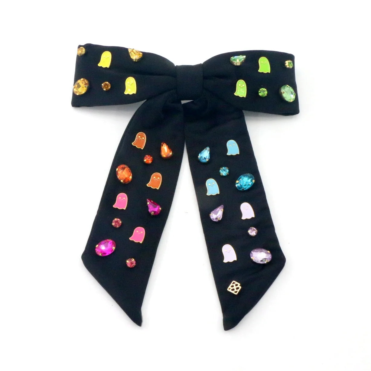 Black Bow Barrette With Neon Ghosts & Crystals