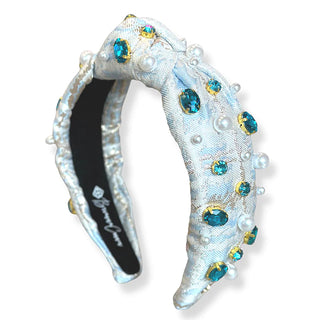 BLUE JACQUARD METALLIC HEADBAND WITH CRYSTALS AND PEARLS