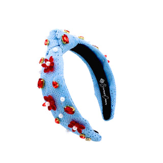 CHILD SIZE POWDER BLUE CROCHET HEADBAND WITH RED FLOWERS & PEARLS