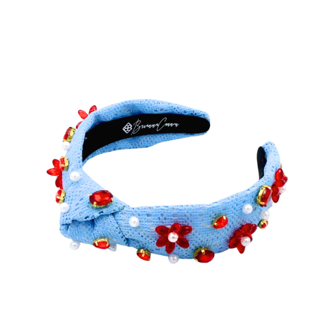 CHILD SIZE POWDER BLUE CROCHET HEADBAND WITH RED FLOWERS & PEARLS