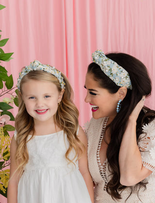 BRIANNA CANNON ADULT SIZE LIGHT BLUE & WHITE FLORAL HEADBAND WITH CRYSTALS & PEARLS