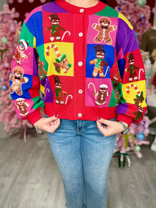 Rainbow Colorblock Gingerbread Man Button Up Cardigan | Queen Of Sparkles