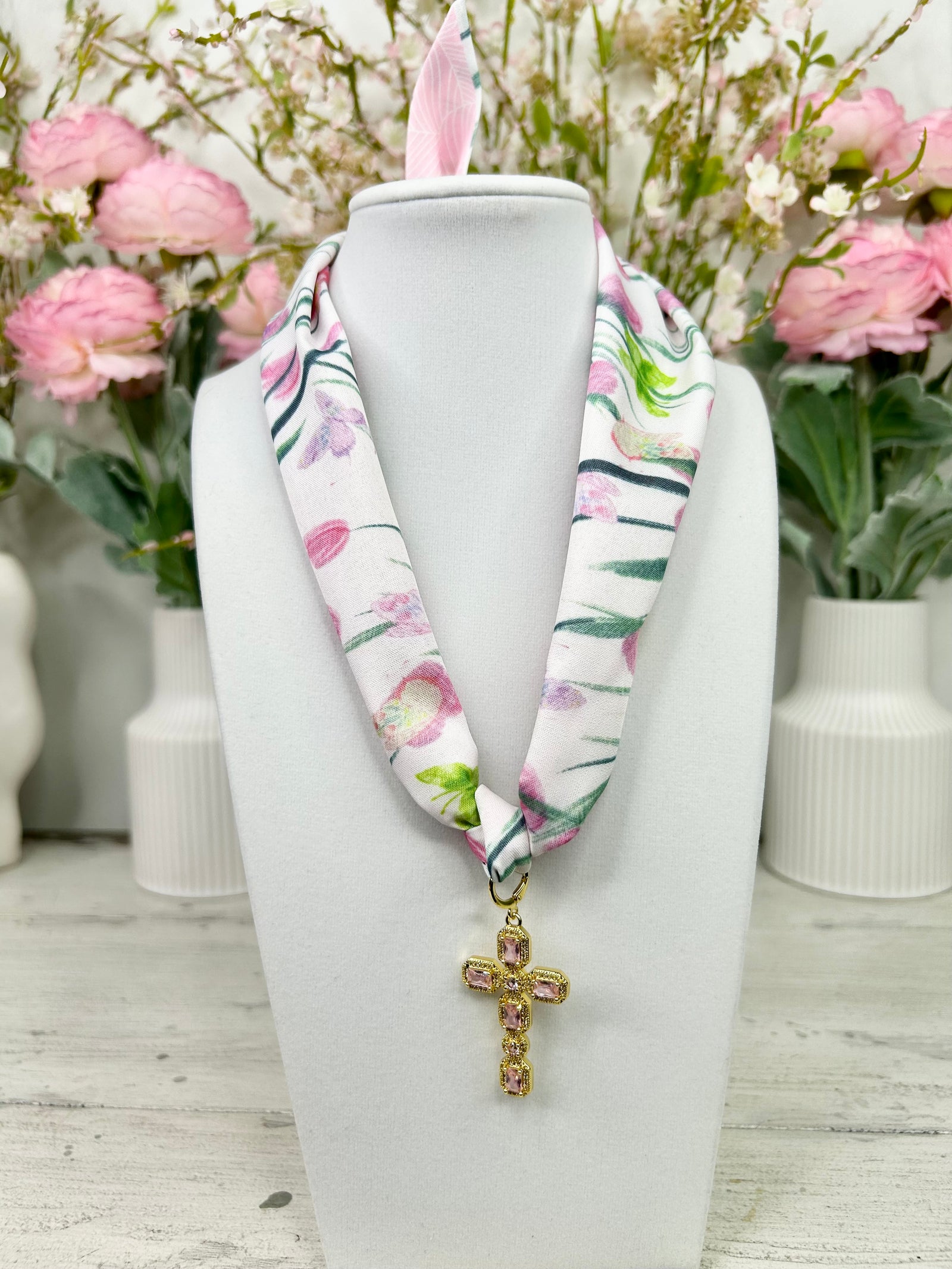 GOLD CROSS WITH PINK STONES W/ SCARF