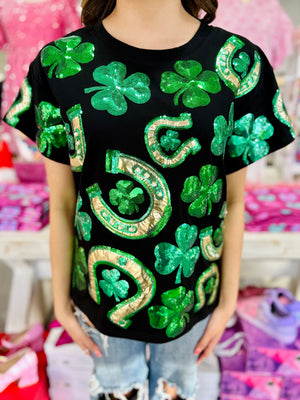 QUEEN OF SPARKLES HORSESHOE AND CLOVER TEE