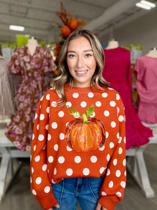 QUEEN OF SPARKLES ORANGE POLKADOT PUMPKIN SWEATER