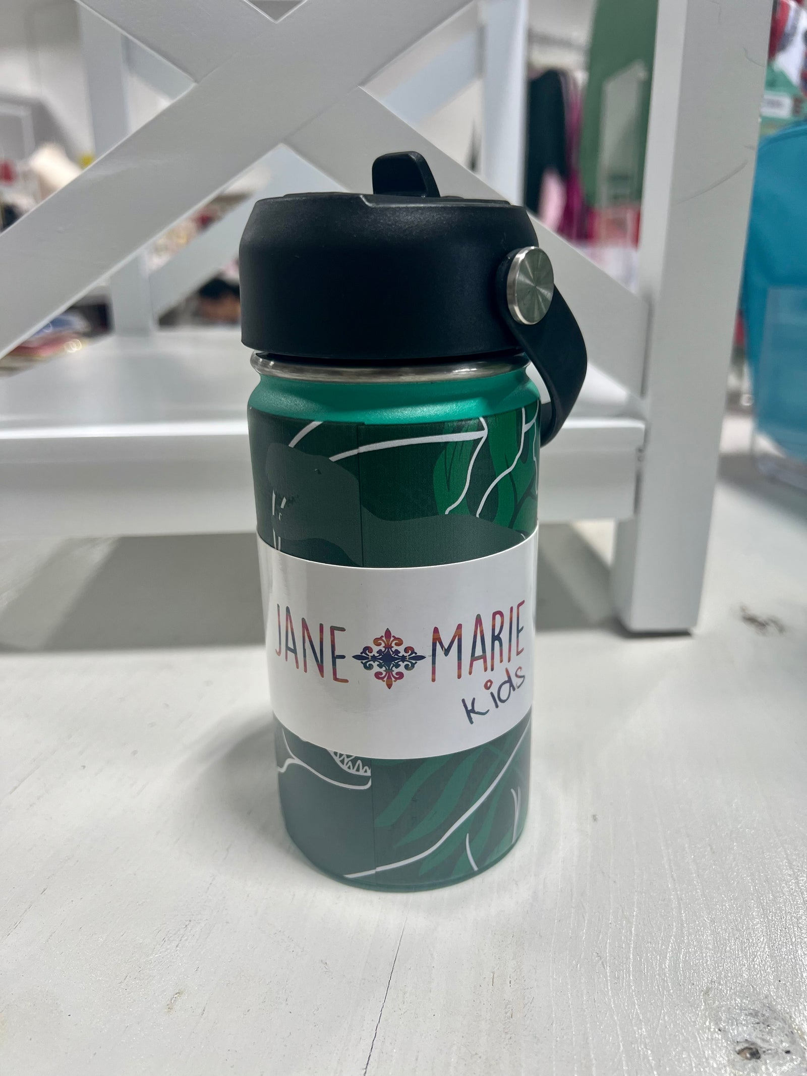 KIDS GREEN DINOSAUR 12 OZ. BOTTLE WITH STRAW CAP JANE MARIE