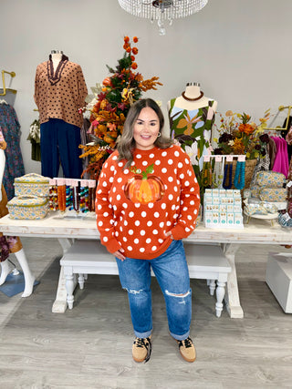 QUEEN OF SPARKLES ORANGE POLKADOT PUMPKIN SWEATER