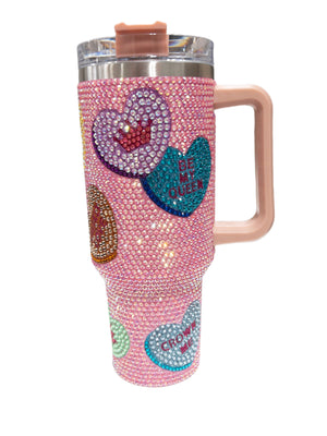 QUEEN OF SPARKLES PINK CONVERSATION HEART RHINESTONE TUMBLER