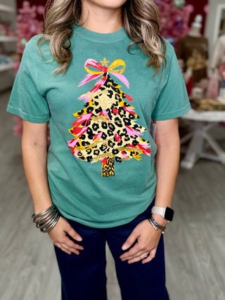 Leopard Glitter Christmas Tree - Comfort Colors Christmas Tee