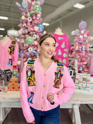 QO PINK SEQUIN NUTCRACKER CARDGIAN
