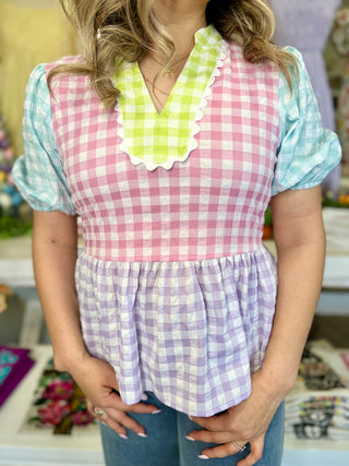 Color Block Gingham Peplum Top