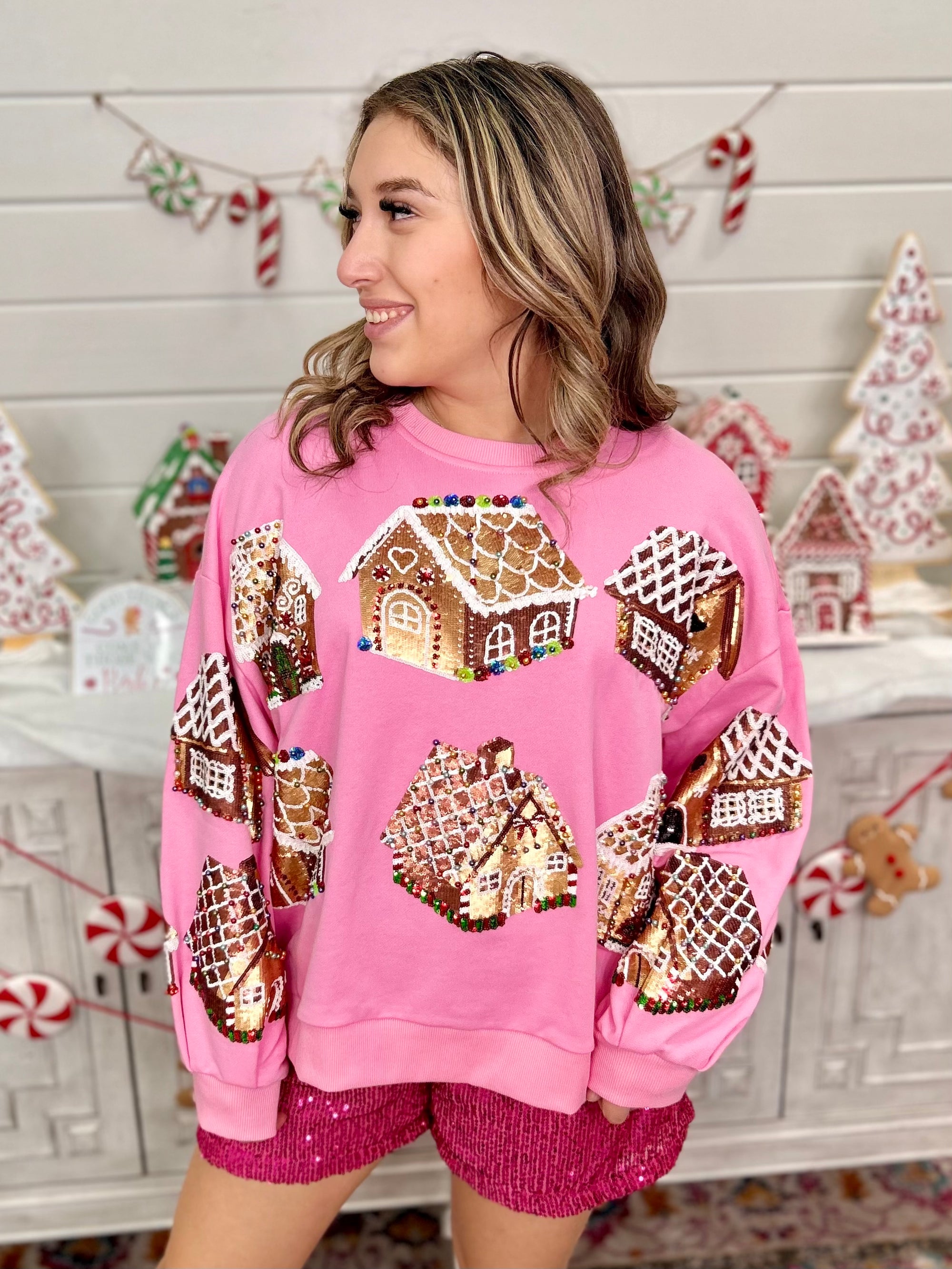 PINK GINGERBREAD HOUSE SWEATSHIRT