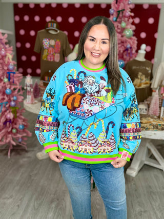 Queen of Sparkles - Aqua Vintage Santa Gingerbread House Sweatshirt