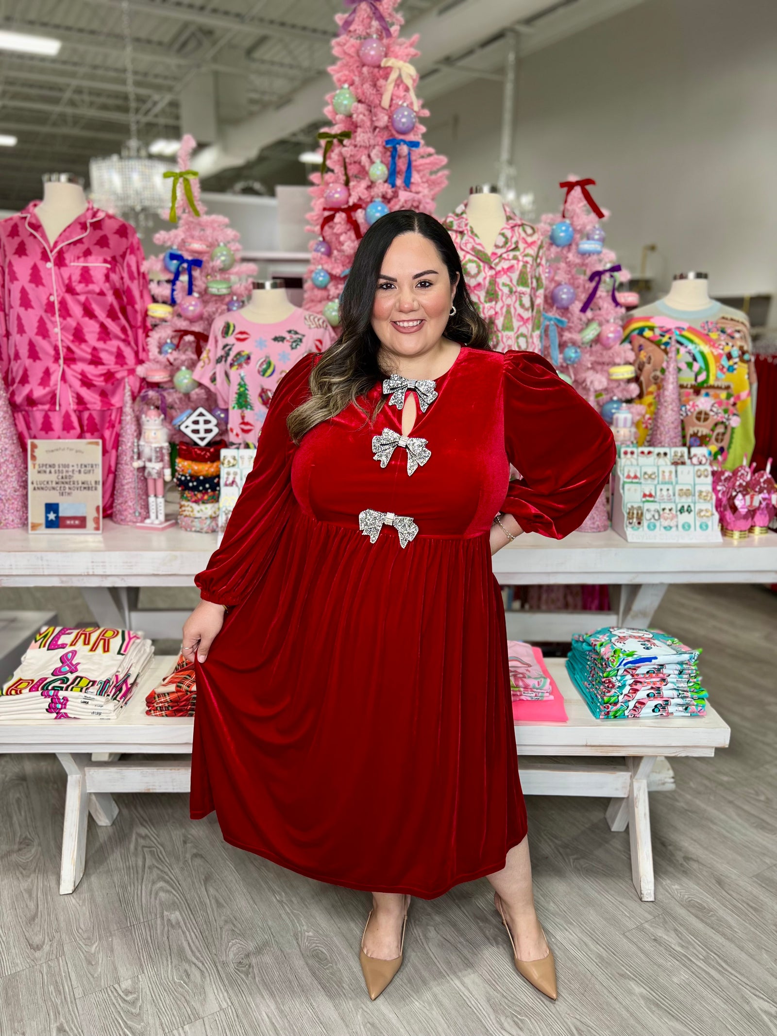 SANTAS FAVORITE BOW VELVET MIDI DRESS