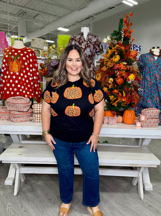 QUEEN OF SPARKLES BLACK LEOPARD PUMPKIN TEE