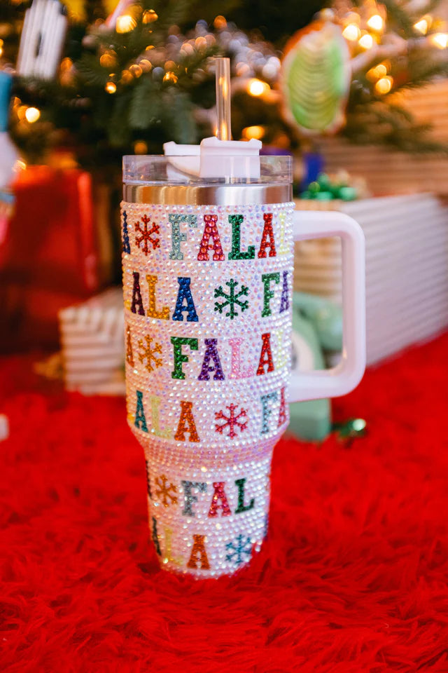 White Multi 'Fa La La" Rhinestone Tumbler