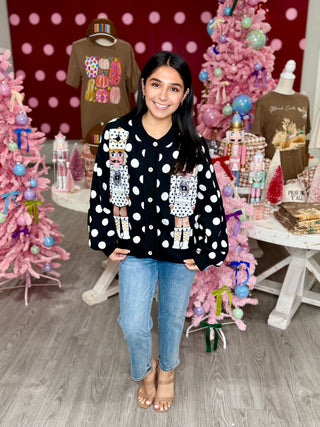 Queen of Sparkles - Black & White Polka Dot Nutcracker in QOS Button Up Cardigan