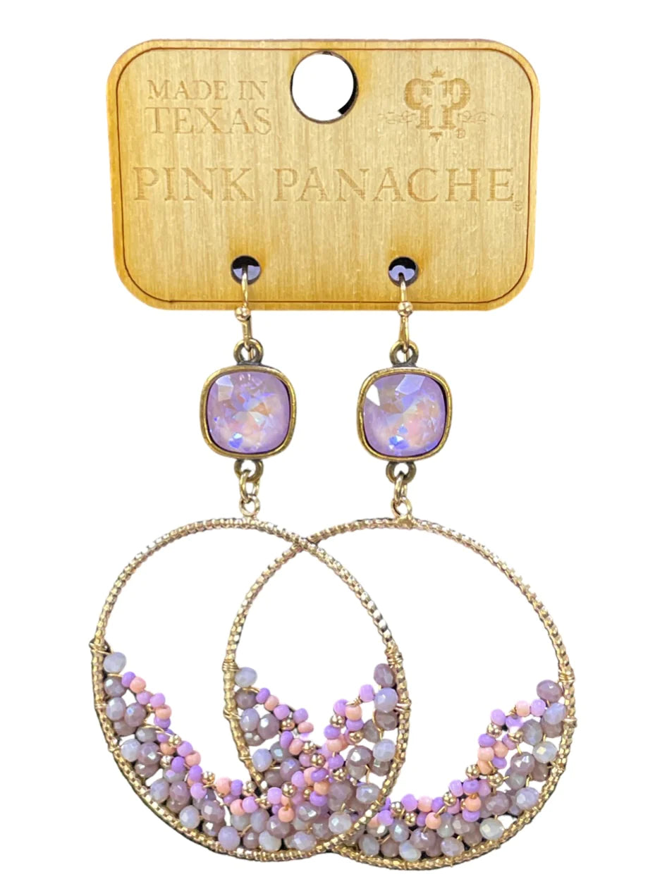 Lavender delite cushion cut connector on gold circle and light purple seed bead earring