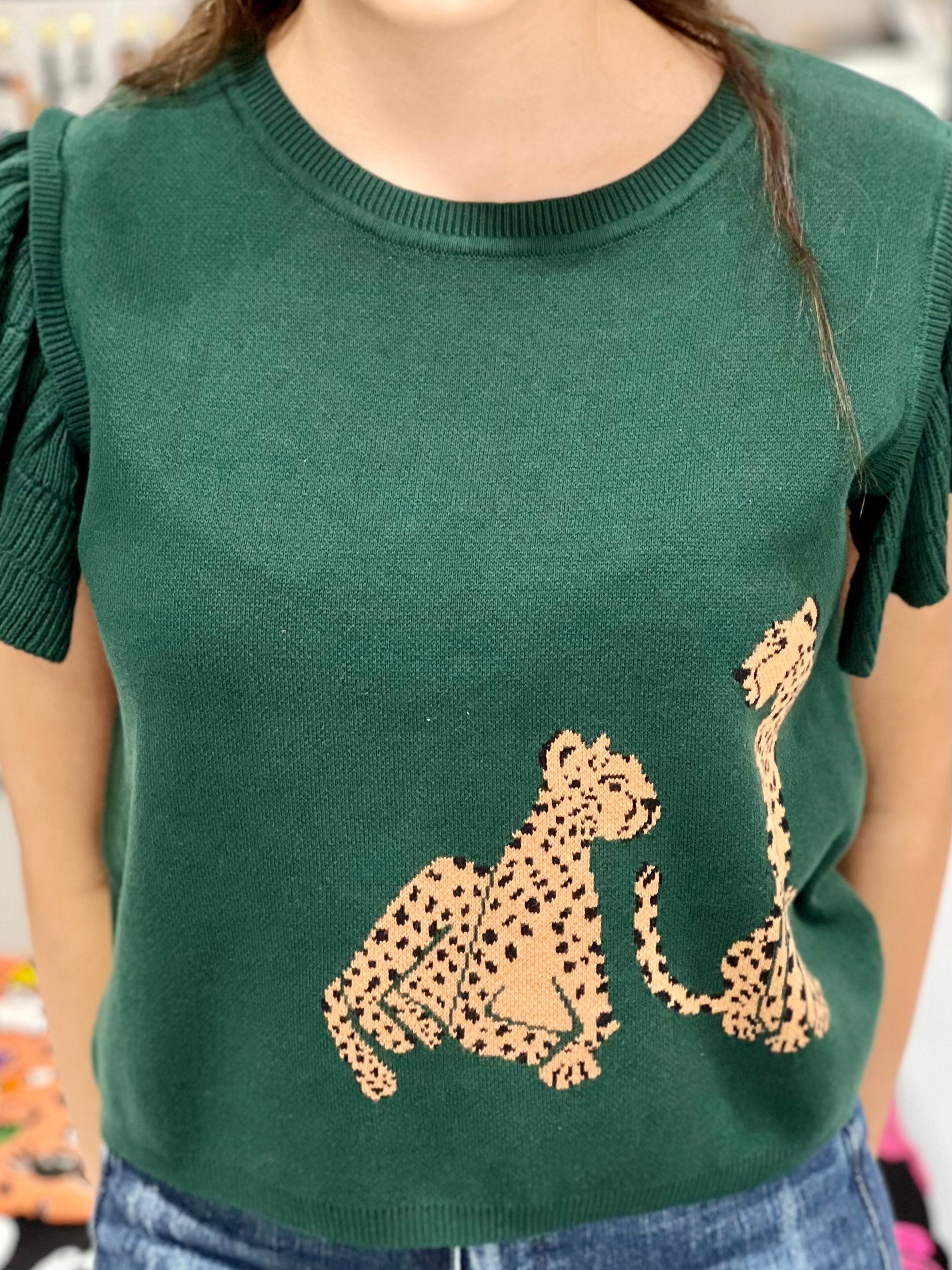 HUNTER GREEN LEOPARD CROPPED SWEATER