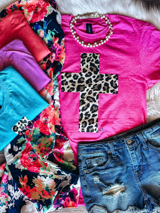 LEOPARD CROSS TEE PINK