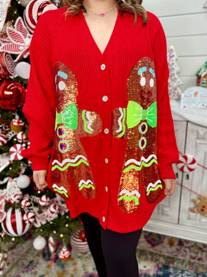 RED GINGERBREAD HOUSE CARDIGAN DRESS