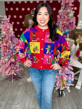 Rainbow Colorblock Gingerbread Man Button Up Cardigan | Queen Of Sparkles